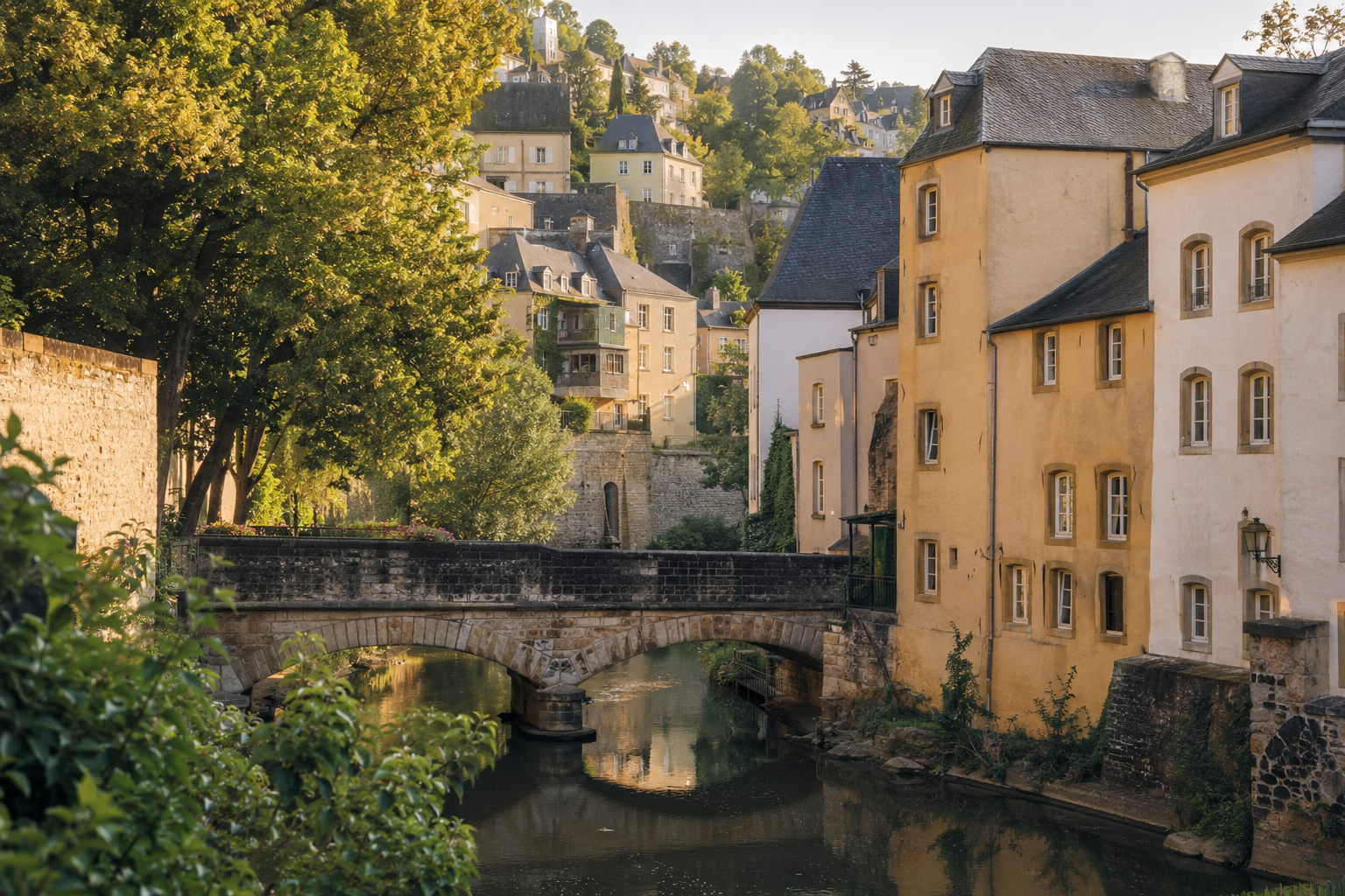 Village historique européen bordé par une rivière